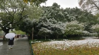 Hangzhou 'da kar kaplı geleneksel Çin mimarisi. Şehrin yüksek kaliteli 4K görüntülerindeki karlı kış sahnesi