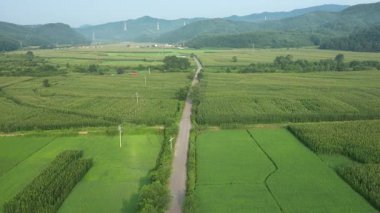 Çin 'in kuzeydoğusundaki dağların ve tarlaların havadan görüntüsü. Liaoning Eyaleti Yüksek Kaliteli 4k görüntü