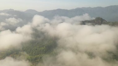 Wenzhou, Zhejiang, Çin 'deki Nanxi Nehri turistik bölgesinde yüksek dağların ve sabah sisinin havadan görünüşü. Yüksek kalite 4k görüntü