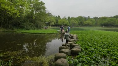 Batı Gölü kıyılarında muhafaza edilen tarihi ve doğal güzellik, Hangzhou Zhejiang Çin 'i cesaretlendirir. Yüksek kalite 4k görüntü