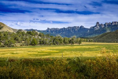 Colorado 'nun San Juan Dağları' ndaki sivri uçlu Cimarron Sırtı 'nın çarpıcı manzarası, açık çayır vadisinin ve derin mavi gökyüzünün altındaki dağınık ağaçların ötesinde dramatik bir şekilde yükseliyor. El değmemiş, geniş açılı bir bakış açısı..