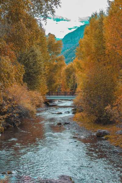A peaceful stream flows through a vibrant autumn forest in Colorado, framed by golden trees and a rustic bridge. The scene is nestled beneath a towering mountain backdrop, capturing the serene beauty of fall in the Rocky Mountains.