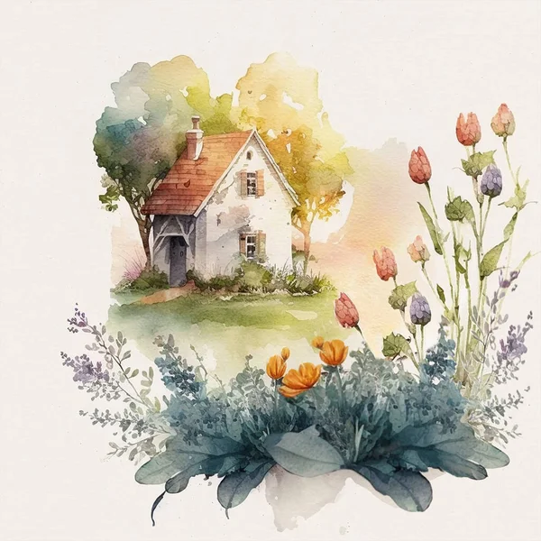 Feenhaus Auf Dem Rasen Umrahmt Von Schönen Blumen — Stockfoto