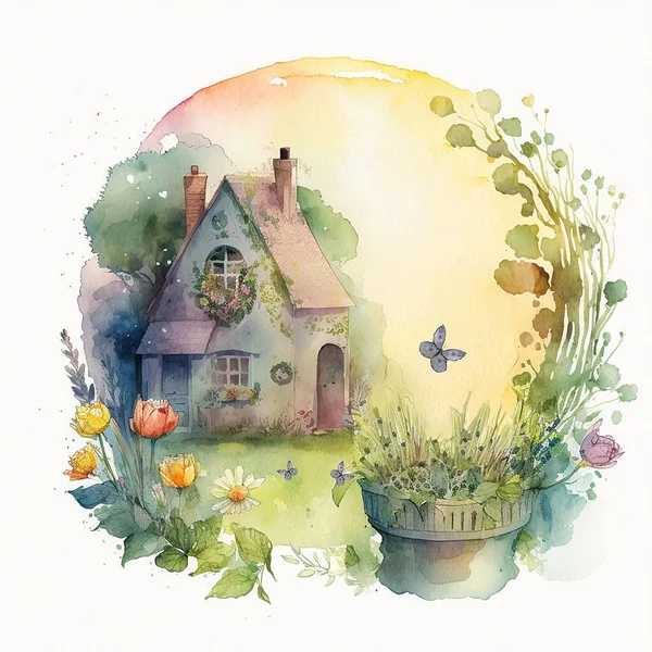 Bahçedeki peri evi güzel çiçeklerle çerçevelenmiş.