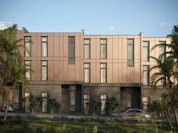 Üç boyutlu modern tropik konak kompleksi bronz cepheli ve palmiye ağaçlı. Okyanus manzaralı. Minimalist dış mimari, emlak ve tasarım temaları için mükemmel..