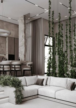 Tarafsız mobilyaları ve dikey bahçe elementleriyle modern oturma odası. Doğal ışıkla minimalist estetik.