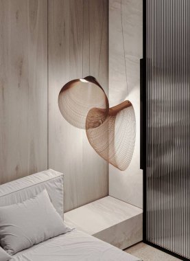 Merkezi yatak odası, ahşap panelli duvar ve dekoratif kolye lambalı simetrik üç boyutlu bir resim. Sakin ve uyumlu bir modern iç mekan..