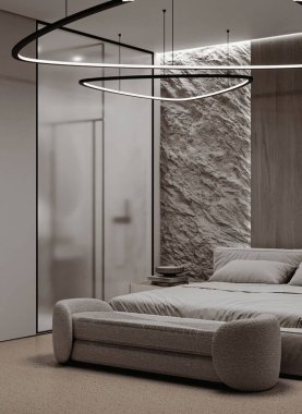 Katmanlı malzemeler içeren yüksek kaliteli bir yatak odası köşesi: desenli taş, ahşap paneller ve buzlu cam. Heykel aydınlatması mimari derinliği ve ruh halini ön plana çıkarıyor.