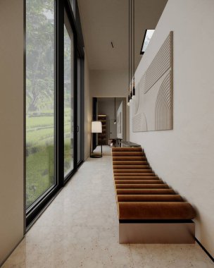 Lüks Bali villasının görselleştirilmesi. Geleneksel mobilyalar, doğal dokular ve tropikal manzaralı sakin, modern bir tasarım. Mimari ve tasarım ilhamı için fotorealistik kalitede üretilmiştir. Sahne 3.