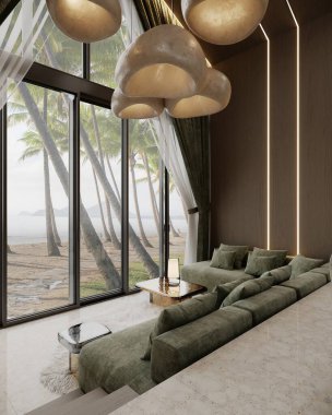 Lüks Bali villasının görselleştirilmesi. Geleneksel mobilyalar, doğal dokular ve tropikal manzaralı sakin, modern bir tasarım. Mimari ve tasarım ilhamı için fotorealistik kalitede üretilmiştir. Sahne 2.