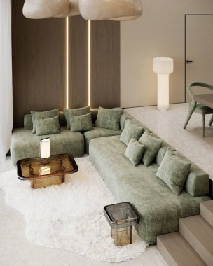 3 boyutlu bir oturma odası hayal edin. Dikey ahşap kirişler, yerden tavana pencereler ve yumuşak renkte yataklar. Dışarıdaki tropik bitki örtüsü, dingin, minimalist alana doğal bir uzantı ekler..