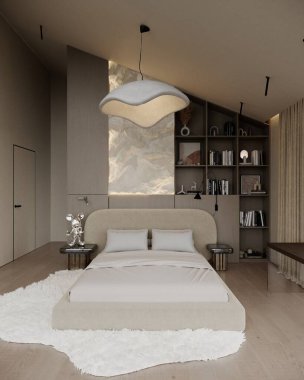 Yumuşak ışıklandırmalı, heykel tavan lambalı, dokulu duvarlı ve raflı modern tropikal villa içinde sıcak, tarafsız bir yatak odası. Zarif detaylar ve doğal malzemelerle sakin, lüks bir uyku alanı..