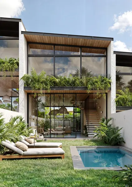 Yüzme havuzlu güzel bir villa. Bali 'de tropikal modern tasarımda lüks bir konak..