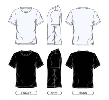 siyah beyaz tişört şablonu, ön ve arka görünüm, beyaz arkaplan ya da gömlek için ayarlı