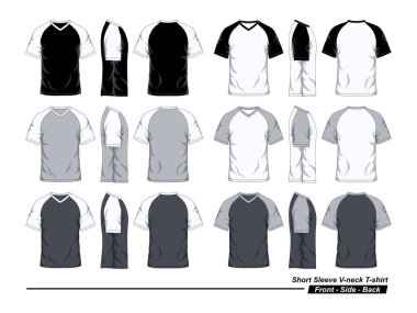 V-Neck Kısa Kollu Raglan T-Shirt Şablonu, Siyah Beyaz ve Gri Renkler, Ön Taraf Arkası Görünümü