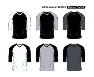 Raglan V-Neck Üç Çeyrek Kollu tişört Şablonu, Siyah, Beyaz ve Gri Renkler