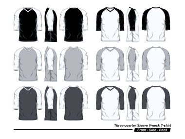 V-Neck Three Quarter Sleeve Raglan T-Shirt Template, Black White And Gray Colors, Front Side Back View