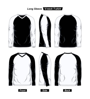 V-Neck Uzun Kollu Raglan T-Shirt Şablonu, Ön ve Arka, Siyah ve Beyaz