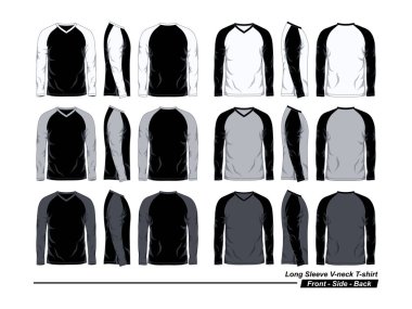 Raglan V-Neck Şablonu, Uzun Kol, Ön ve Arka Görünüm, Siyah, Beyaz ve Gri Renkler