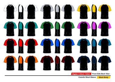 Raglan v yaka tişörtü, ön ve arka görüş, renkli kısa kollu, siyah gövdeli.