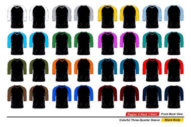 Raglan v yaka tişörtü, ön ve arka görüş, renkli üç çeyrek kol, siyah vücut
