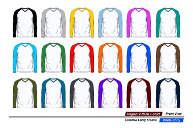 Raglan v yaka tişörtü, ön manzara, renkli uzun kollu, beyaz vücut.