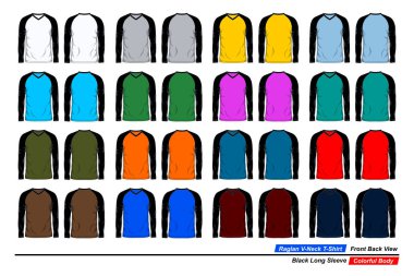 Raglan v yaka tişörtü, ön ve arka görüş, siyah uzun kollu, renkli vücut