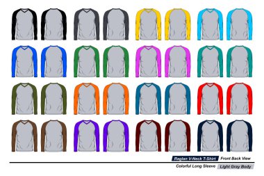 Raglan v yaka tişörtü, ön ve arka görüş, renkli uzun kol, açık gri vücut