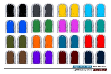 Raglan v yaka tişörtü, ön ve arka görüş, açık gri uzun kollu, renkli vücut