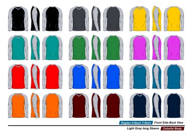 Raglan v yaka tişörtü, ön ve arka görüş, açık gri uzun kollu, renkli vücut