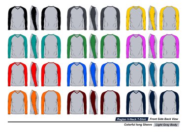 Raglan v yaka tişörtü, ön ve arka görüş, açık gri uzun kollu, renkli vücut