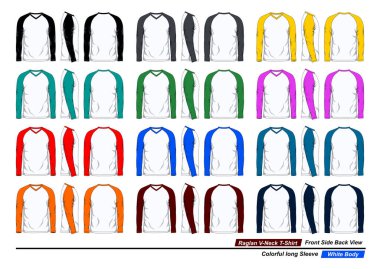 Raglan v yaka tişörtü, ön ve arka görüş, renkli uzun kollu, beyaz vücut