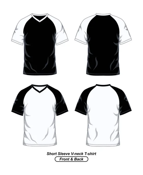 Manga Curta Neck Raglan Shirt Modelo Frente Verso Preto Branco — Vetor de Stock