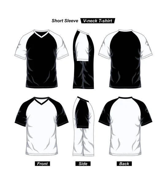 Neck Kısa Kollu Raglan Shirt Şablonu Arka Siyah Beyaz — Stok Vektör