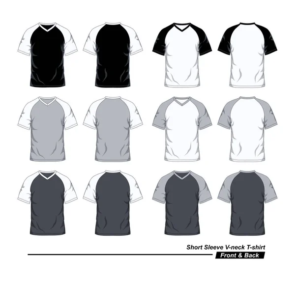 Krátký Rukáv Neck Raglan Shirt Šablona Přední Zadní Černá Bílá — Stockový vektor