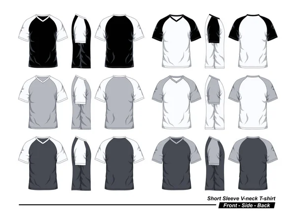 Plantilla Camiseta Raglan Manga Corta Con Cuello Negro Blanco Gris — Vector de stock