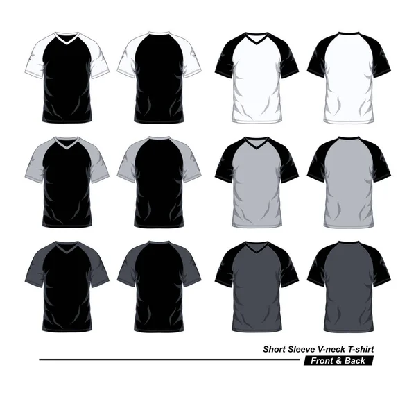 Krátký Rukáv Krk Raglan Shirt Šablona Přední Zadní Pohled Černá — Stockový vektor