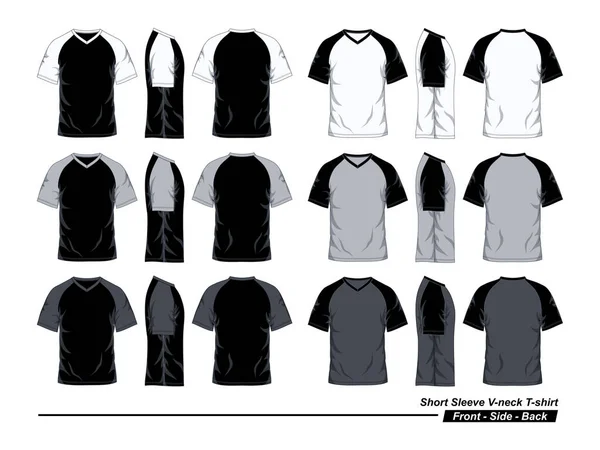 ラグランVネックTシャツテンプレート フロント サイド バックビュー ブラック ホワイト グレー — ストックベクタ