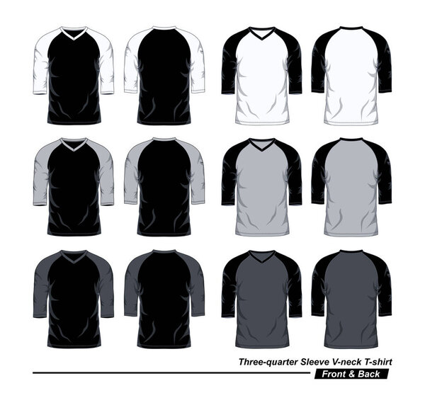 Three Quarter Sleeve V-Neck Raglan T-Shirt Template, Front and Back View, Black, White and Gray Colors