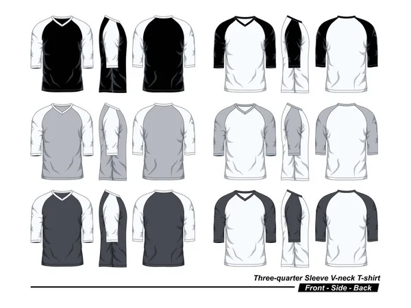 Neck Three Quarter Sleeve Raglan Shirt Template Black White Gray — Image vectorielle