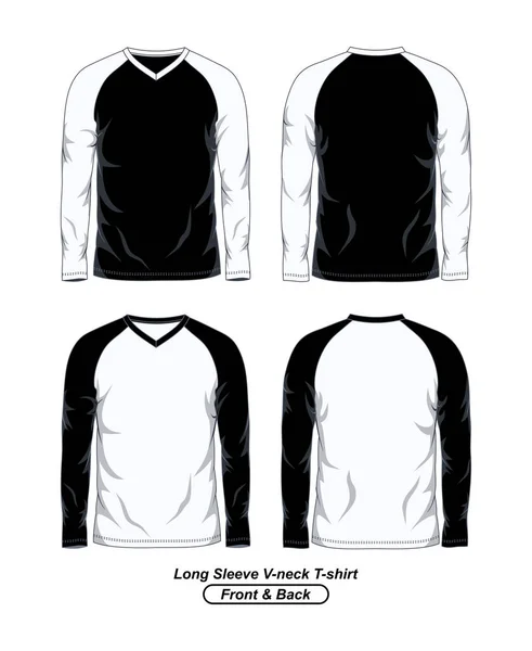 Uzun Kollu Neck Raglan Shirt Şablonu Önü Arkası Siyah Beyaz — Stok Vektör