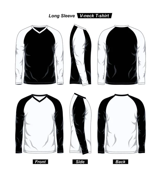 stock vector V-Neck Long Sleeve Raglan T-Shirt Template, Front Side And Back, Black and White Color