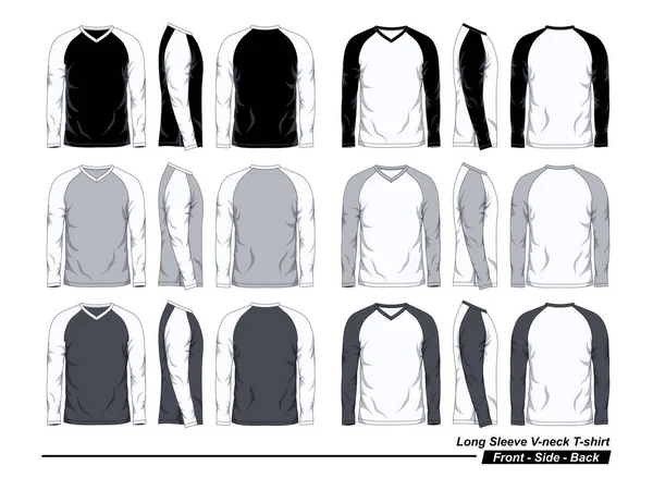 Neck Uzun Kollu Raglan Shirt Şablonu Siyah Beyaz Gri Renkler — Stok Vektör