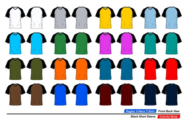 Raglan Neck Shirt Front Back View Black Short Sleeve Colorful — 图库矢量图片