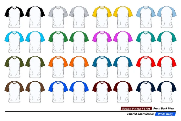 Raglan Neck Shirt Front Back View Colorful Short Sleeve White — 图库矢量图片