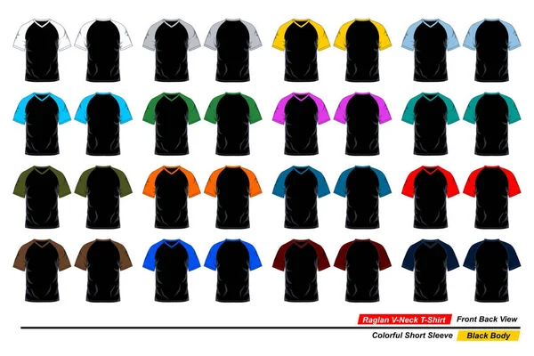 Raglan Neck Shirt Front Back View Colorful Short Sleeve Black — 图库矢量图片