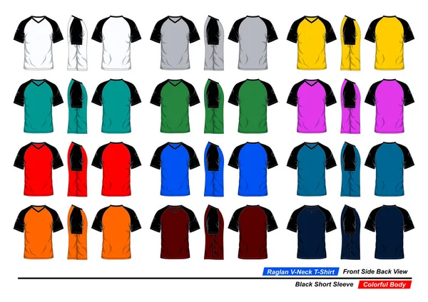 Shirt Raglan Neck Vista Frontal Traseira Manga Curta Preta Corpo — Vetor de Stock
