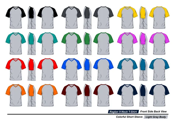 ラグランVネックTシャツ フロント側とバックビュー カラフルな半袖 ライトグレーのボディ — ストックベクタ