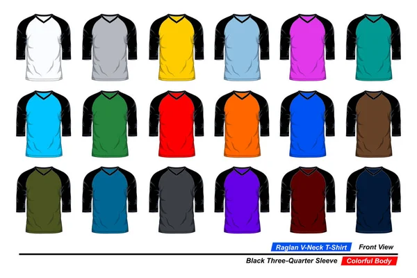 Shirt Col Raglan Vue Face Manches Trois Quarts Noires Corps — Image vectorielle