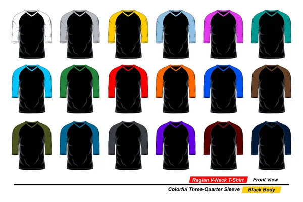 Raglan Ausschnitt Shirt Vorderseite Farbenfroher Dreiviertelärmel Schwarzer Körper — Stockvektor